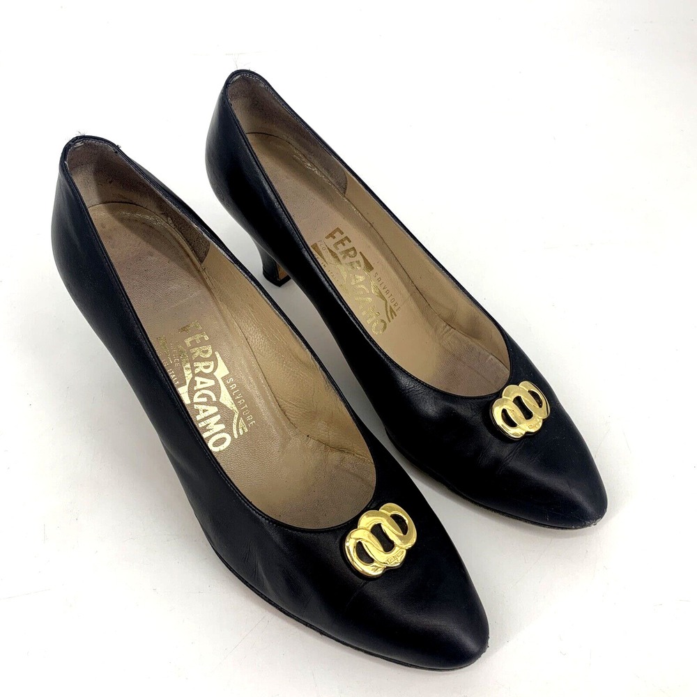 Salvatore Ferragamo Women Matita Black Leather Heel Gold Metal Logo Ring 10 B - Picture 9 of 16
